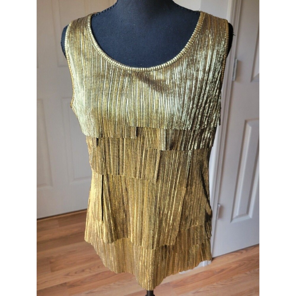 Cato Gold Metallic Pleated Fringe Tank Top Tiered Flapper Boho Size M